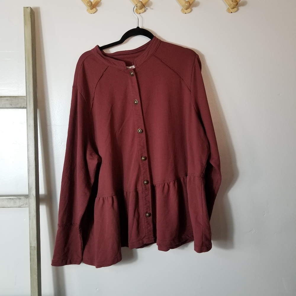MAURICES WOMEN'S DUSTY RED CARDIGAN WITH RUFFLE SIZE 3X
